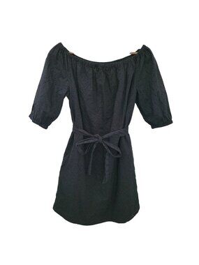 Gap Eyelet Off-The-Shoulder Cotton Dress Tie Waist Womens Size XS Black Pockets